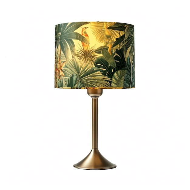 un gros plan d'une lampe avec une ombre d'impression tropicale sur elle