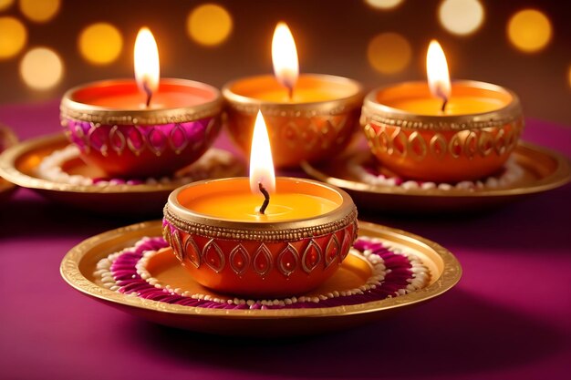 Gros plan des lampes diwali diya en feu sur le festival indien rangoli coloré traditionnel hindou