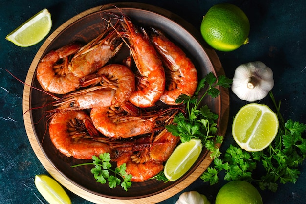 Gros plan Langoustines et crevettes frites sur une assiette avec du persil. Marinés à l'ail et au citron vert. Vue de dessus. Photo de haute qualité