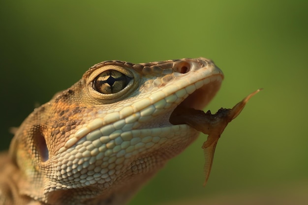 Un gros plan de la langue d'un lézard attraper un fl