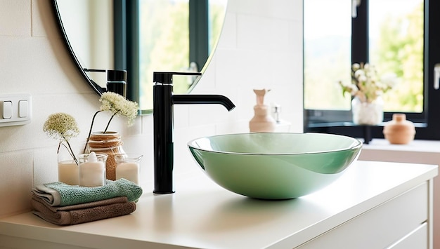 Gros plan d'un lavabo en céramique avec robinet sur un comptoir de meuble-lavabo avec décor de plantes et main