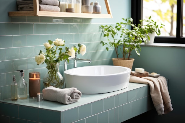 Gros plan sur un lavabo de salle de bain avec des fleurs et des carreaux de céramique vert clair