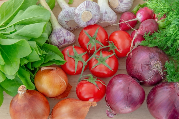 Gros plan de légumes frais (tomates, oignons, radis, herbe, ail) vue de dessus.