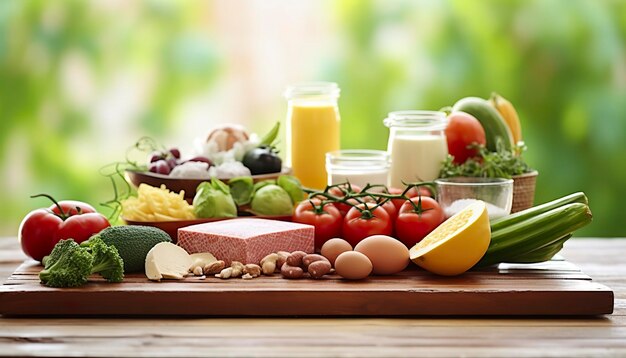 Gros plan de légumes fruits et viande sur table en bois sur fond naturel vert IA générative