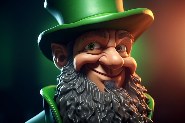 Un gros plan d'un leprechaun de dessin animé avec un chapeau vert et une barbe