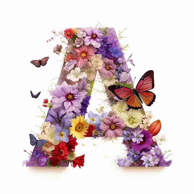 un gros plan d'une lettre faite de fleurs et de papillons ai génératif