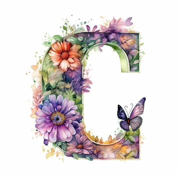 un gros plan d'une lettre avec des fleurs et un papillon ai génératif