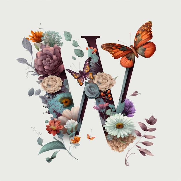 un gros plan d'une lettre w avec des fleurs et des papillons génératifs ai