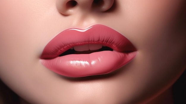 Un gros plan des lèvres d'une femme avec un brillant à lèvres rose ai générative