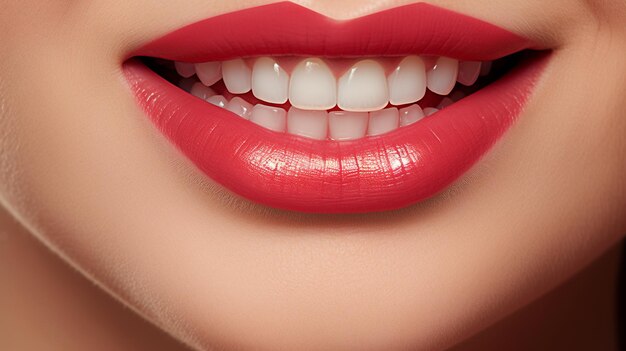 gros plan des lèvres de la femme avec du rouge à lèvres et des dents