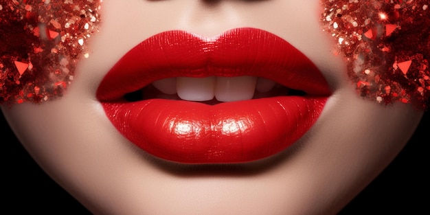 Un gros plan des lèvres d'une femme avec du rouge à lèvres rouge