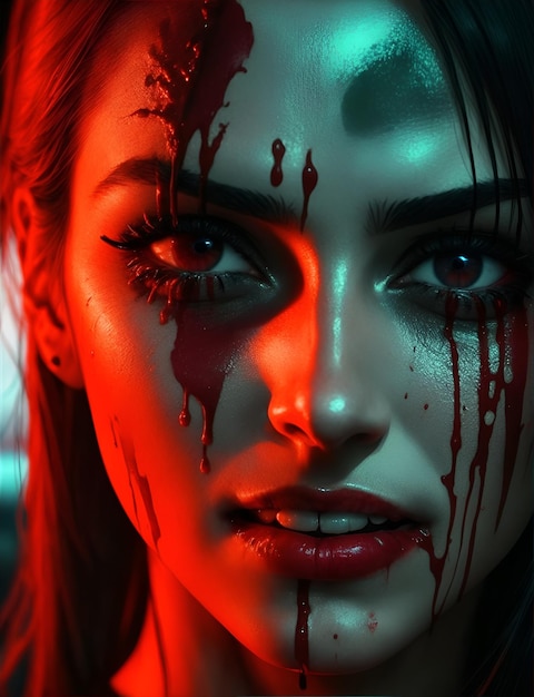 Un gros plan des lèvres rouges sanglantes d'une jeune fille à la mode sombre