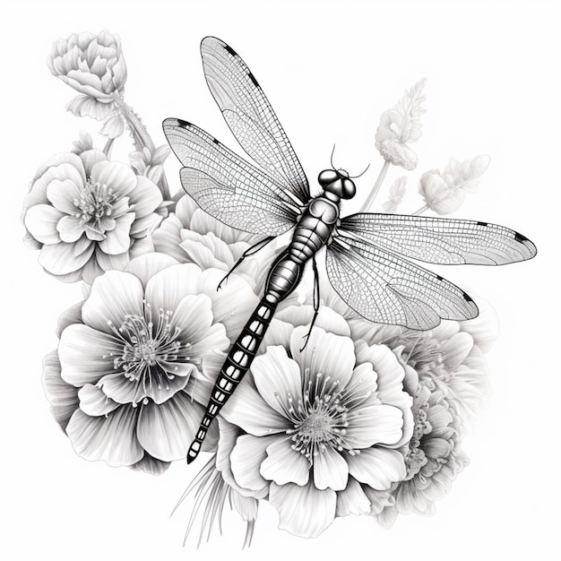 un gros plan d'une libellule sur une fleur avec un fond blanc