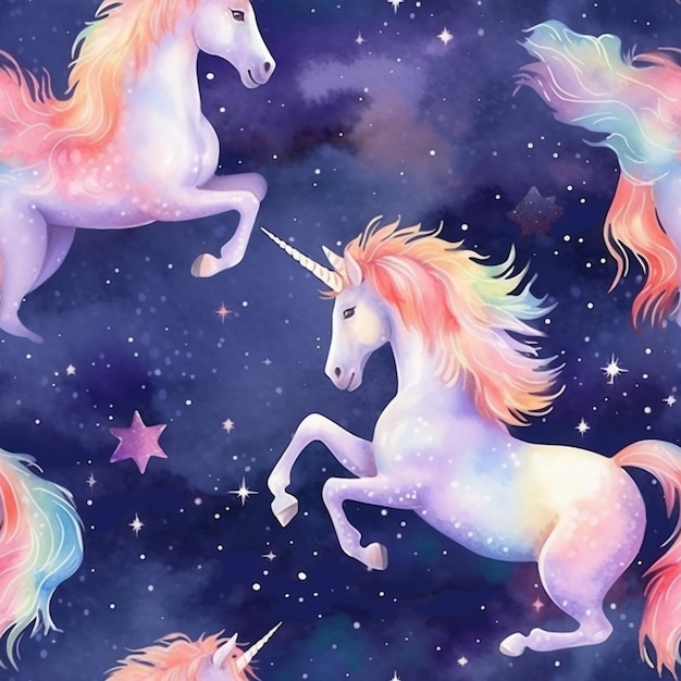 Un gros plan d'une licorne avec une crinière arc-en-ciel et des étoiles génératives ai