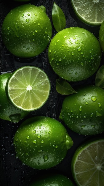 Un gros plan de limes avec des gouttelettes d'eau sur eux