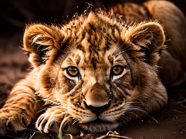 Un gros plan d'un lion allongé sur le sol avec ses pattes avant sur le sol