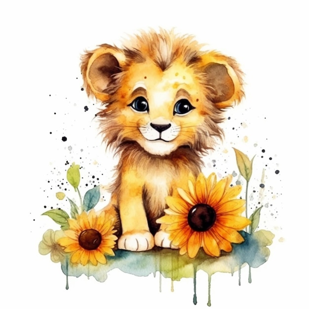 Photo un gros plan d'un lion avec des tournesols sur un fond blanc