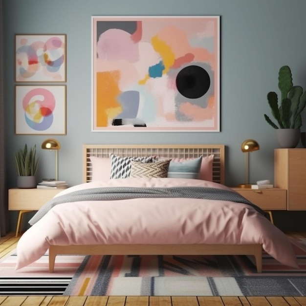 Un gros plan d'un lit avec une couette rose et une peinture sur le mur ai générative
