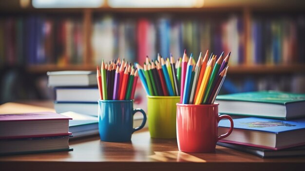 Gros plan de livres et de tasses colorées remplies de crayons sur un bureau d'école moderne arrière-plan flou