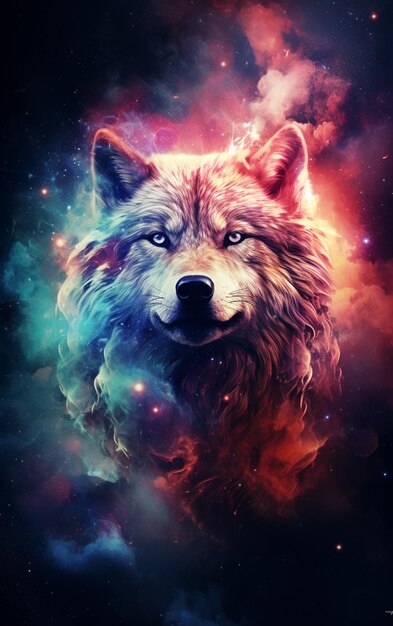 un gros plan d'un loup avec un fond de galaxie