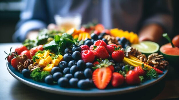 un gros plan lumineux et coloré d'une assiette de nourriture sur une table en bois divers fruits et légumes