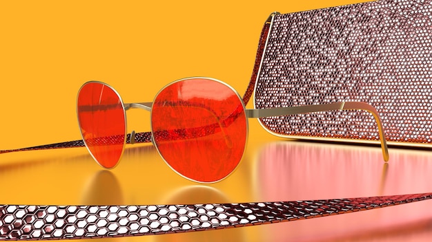 Gros plan de lunettes de soleil rouge de rendu 3D sur fond de sac à main en or