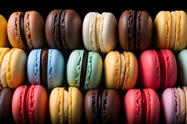 Gros plan de macarons colorés sur fond sombre