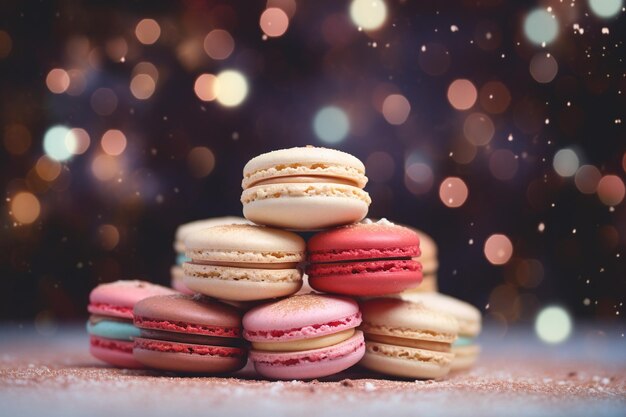 gros plan des macarons en lévitation sur un fond de thème de noël