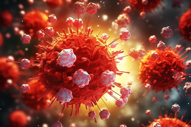 Gros plan sur les macro-détails des bactéries du virus des molécules de microbes jaunes rouges Épidémie de coronavirus COVID19