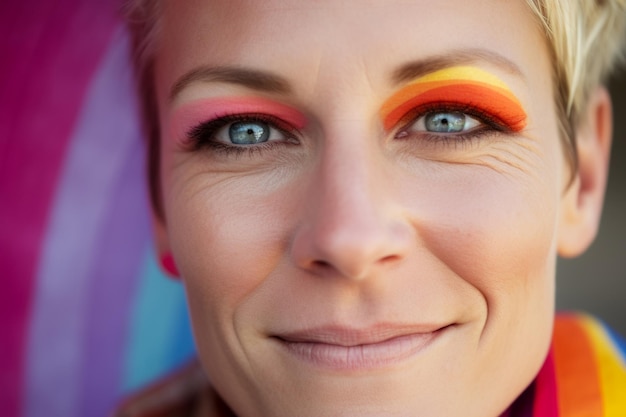 Gros plan macro sur le visage d'une femme avec un maquillage coloré à motif arc-en-ciel
