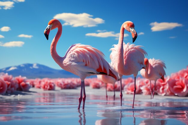 Gros plan de magnifiques flamants roses africains debout dans de l'eau calme avec réflexion IA générative