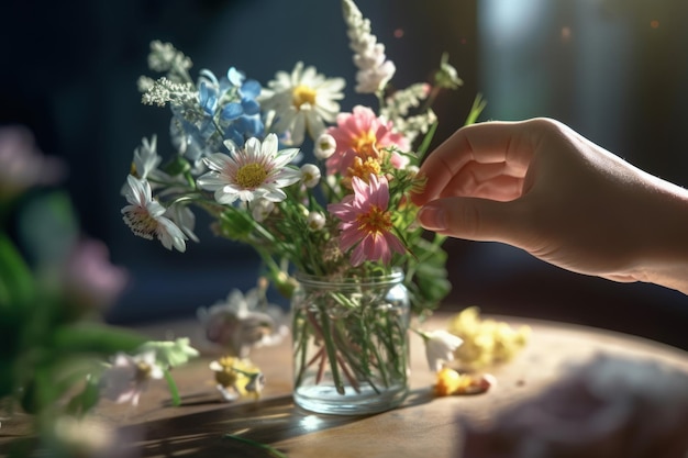 Gros plan de la main arrangeant les fleurs dans un vase