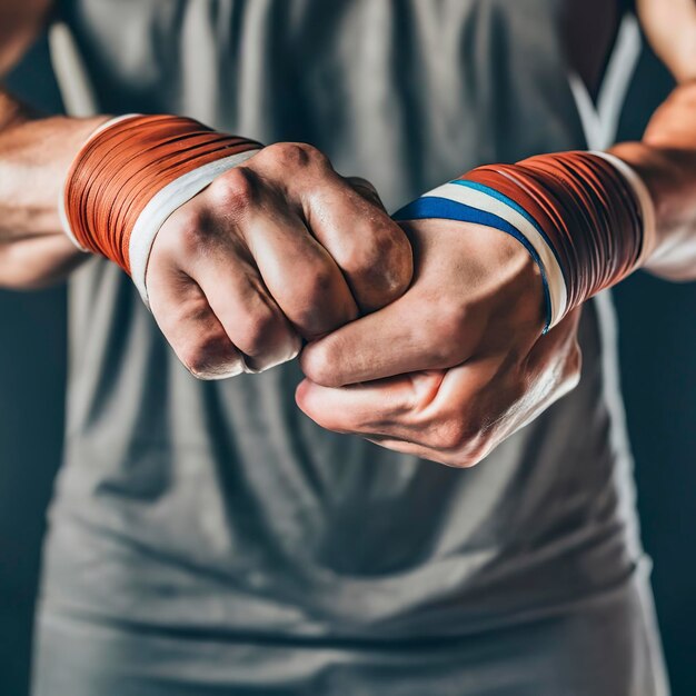 Gros plan main avec bandage d'homme musclé formation kickboxing sur noir