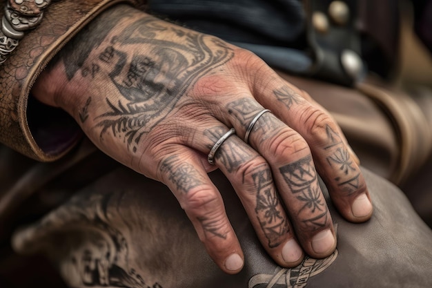 Gros plan sur une main coriace de cow-boys avec un tatouage complexe ornant chaque doigt