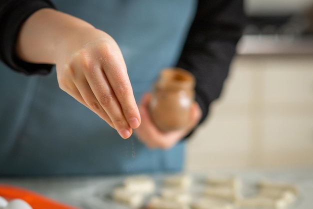 Gros plan sur la main d'un cuisinier saupoudrant d'épices d'un pot pendant la cuisson Soft focus sélectif