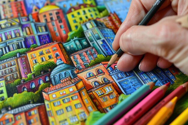 Un gros plan d'une main dessinant artistiquement un paysage urbain vibrant et coloré avec des crayons