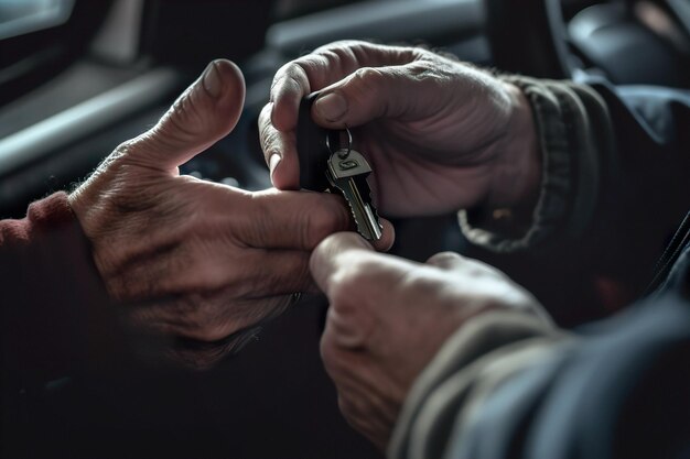 Gros plan sur la main donnant des clés de voiture à la main d'un autre homme