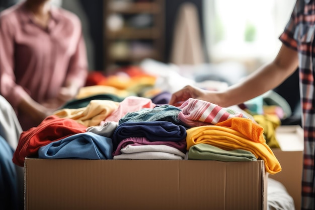 En gros plan, la main du bénévole emballant une boîte en tissu et faisant un don