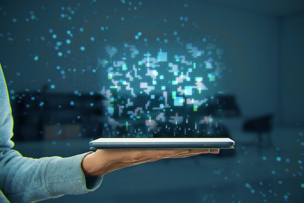 Gros plan sur une main féminine à l'aide d'un smartphone avec hologramme de pixel métaverse numérique sur fond flou Concept de cyberespace Double exposition
