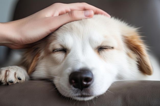 Gros plan d'une main féminine caressant la tête d'un chiot à la maison