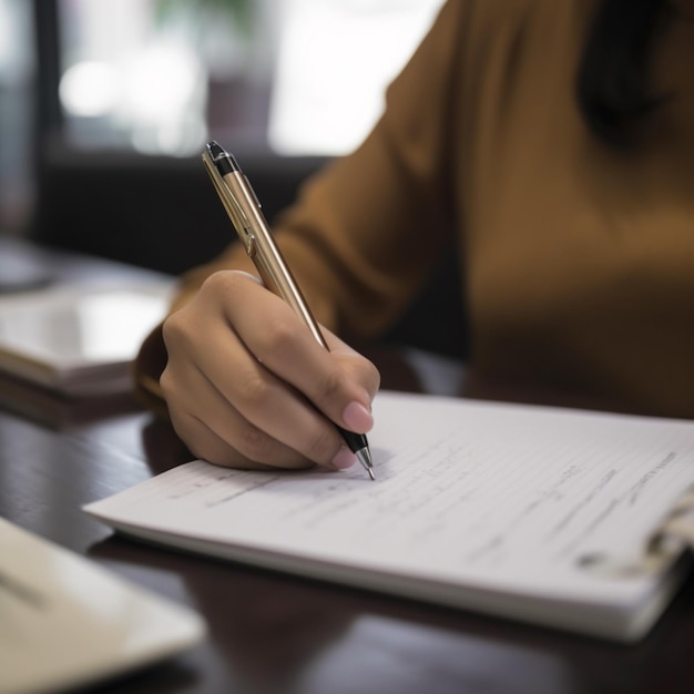 gros plan main de femme d'affaires écrivant sur papier au bureau