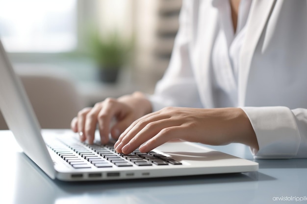 Gros plan main d'une femme d'affaires tapant clavier ordinateur portable sur bureau bureau