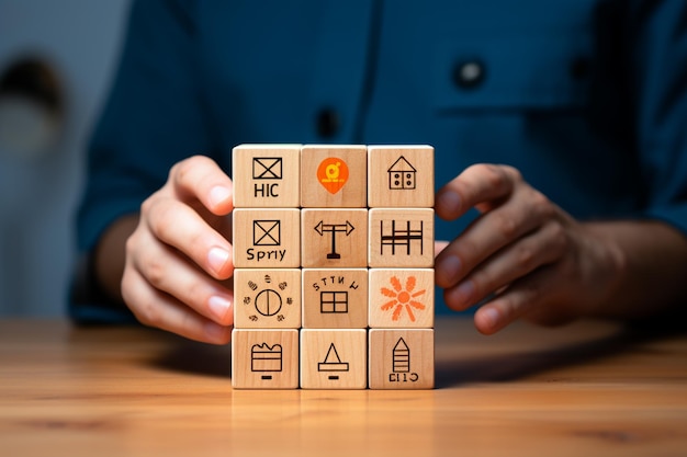 Gros plan de la main d'une femme d'affaires tenant un cube en bois avec des icônes de construction