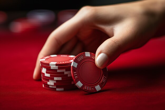 Gros plan d'une main de femme avec des jetons de poker rouges sur fond rouge