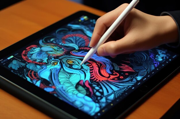 Gros plan d'une main de graphiste dessinant sur une tablette numérique