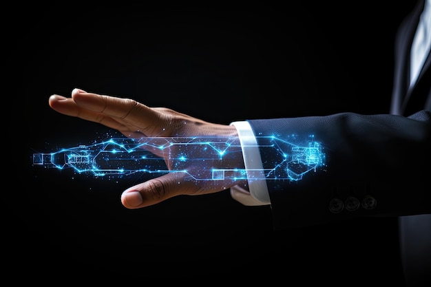 Gros plan d'une main d'homme d'affaires tenant un circuit lumineux abstrait sur fond sombre rendu 3D Main d'homme d'affaires utilisant une interface d'hologramme numérique avec son doigt sur Black AI généré
