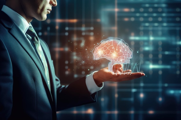 Gros plan d'une main d'homme d'affaires tenant un hologramme de cerveau humain Techniques mixtes Main d'homme d'affaires utilisant une interface cérébrale numérique avec l'analyse de données et le concept de cloud computing généré par l'IA