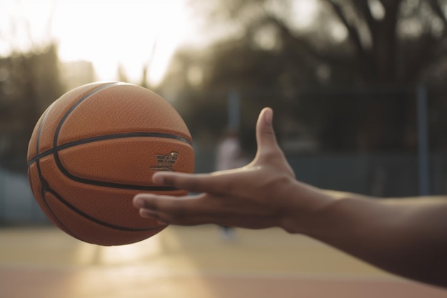 Gros plan de la main de l'homme avec ballon de basket sur le terrain de sport