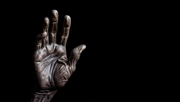 Photo gros plan d'une main humaine montrant trois doigts sur fond noir avec espace de copie