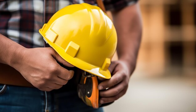 Photo gros plan d'une main d'ingénieur tenant un casque jaune sur fond de chantier de construction ai générative
